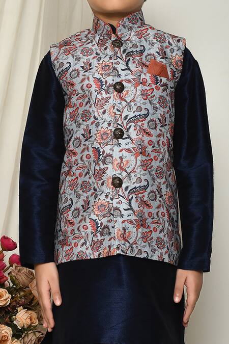 Buy_Petite Pomme_Blue Brocade, Silk Embroidery Floral Jaal Print Jacket Kurta Set 