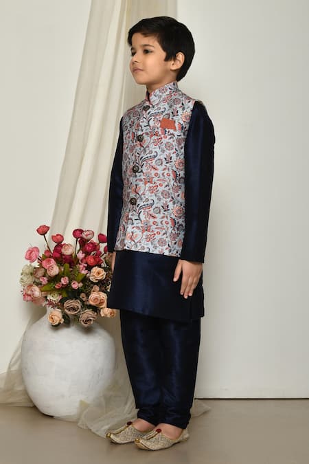 Petite Pomme_Blue Brocade, Silk Embroidery Floral Jaal Print Jacket Kurta Set _at_Aza_Fashions