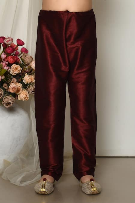 Petite Pomme_Wine Brocade, Silk Embroidery Vivid Persian Floral Print Jacket Kurta Set _Online_at_Aza_Fashions