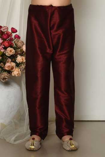 Petite Pomme_Wine Brocade, Silk Embroidery Botanical Print Jacket Kurta Set _Online_at_Aza_Fashions