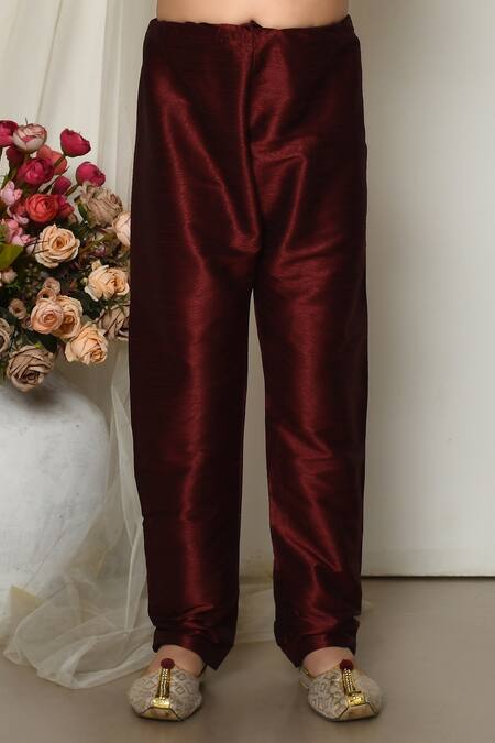 Petite Pomme_Wine Brocade, Silk Embroidery Blooming Floral Print Jacket Kurta Set _Online_at_Aza_Fashions