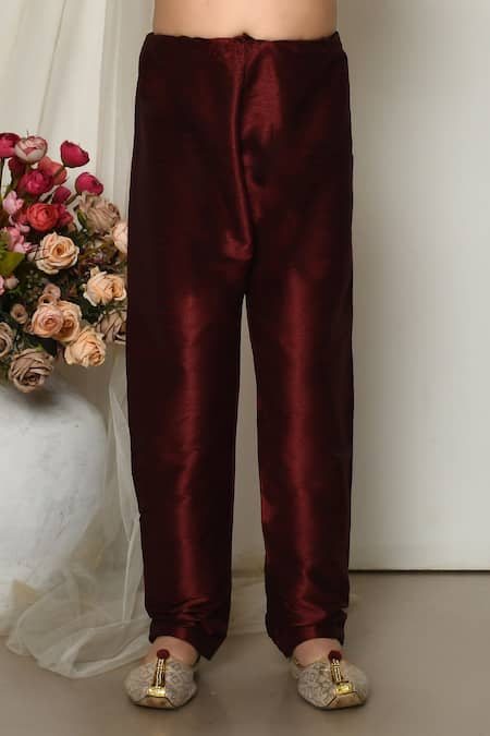 Petite Pomme_Wine Silk Solid Kurta And Pant Set _Online_at_Aza_Fashions
