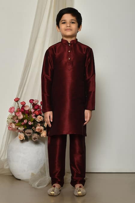 Shop_Petite Pomme_Wine Silk Solid Kurta And Pant Set _Online_at_Aza_Fashions