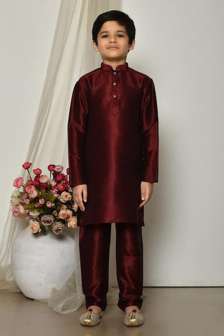 Buy_Petite Pomme_Wine Brocade, Silk Embroidery Vivid Persian Floral Print Jacket Kurta Set _Online_at_Aza_Fashions