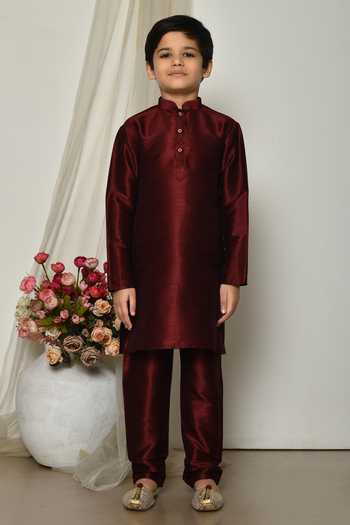 Buy_Petite Pomme_Wine Brocade, Silk Embroidery Botanical Print Jacket Kurta Set _Online_at_Aza_Fashions