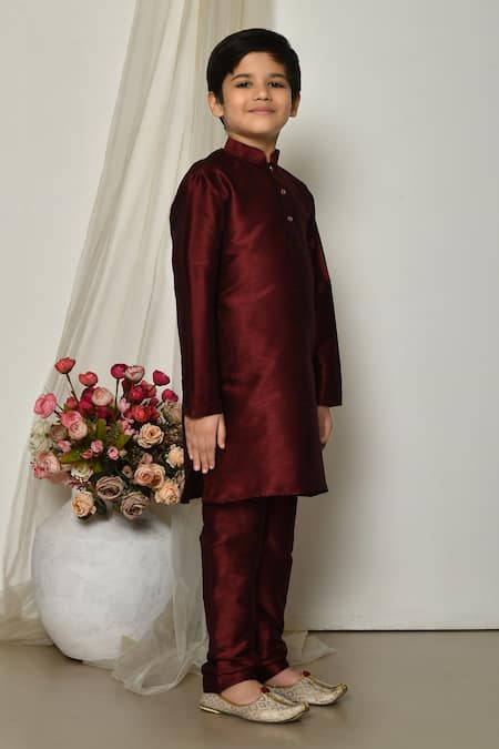 Petite Pomme_Wine Silk Solid Kurta And Pant Set _at_Aza_Fashions