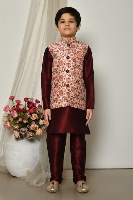 Shop_Petite Pomme_Wine Brocade, Silk Embroidery Vivid Persian Floral Print Jacket Kurta Set _Online_at_Aza_Fashions