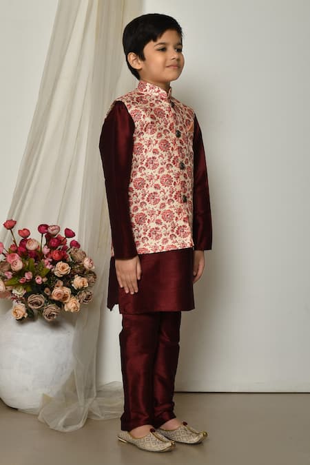 Petite Pomme_Wine Brocade, Silk Embroidery Vivid Persian Floral Print Jacket Kurta Set _at_Aza_Fashions