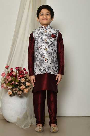 Shop_Petite Pomme_Wine Brocade, Silk Embroidery Botanical Print Jacket Kurta Set _Online_at_Aza_Fashions