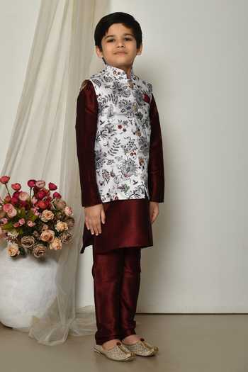 Petite Pomme_Wine Brocade, Silk Embroidery Botanical Print Jacket Kurta Set _at_Aza_Fashions