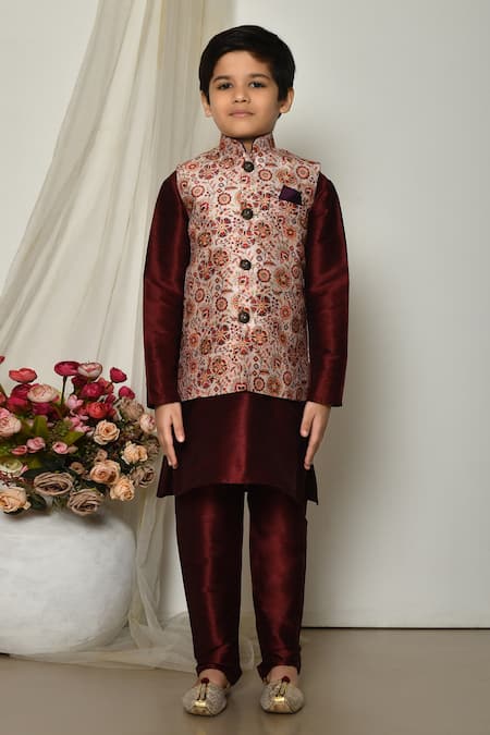 Shop_Petite Pomme_Wine Brocade, Silk Embroidery Blooming Floral Print Jacket Kurta Set _Online_at_Aza_Fashions