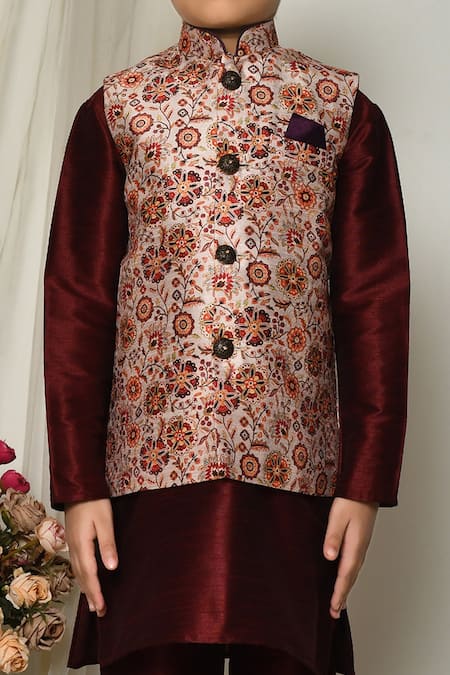 Buy_Petite Pomme_Wine Brocade, Silk Embroidery Blooming Floral Print Jacket Kurta Set 