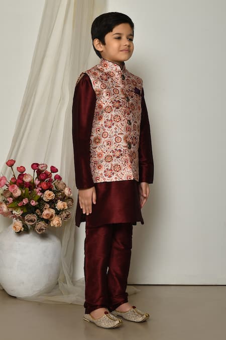 Petite Pomme_Wine Brocade, Silk Embroidery Blooming Floral Print Jacket Kurta Set _at_Aza_Fashions
