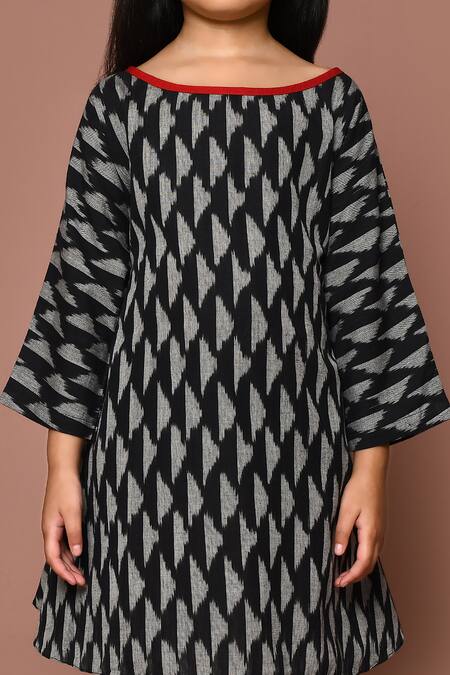 Petite Pomme_Black Cotton Ikat Hand Block Print Dress_Online_at_Aza_Fashions