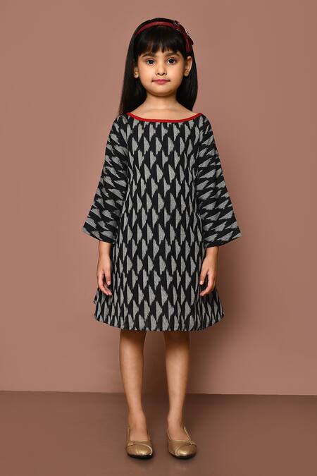 Buy_Petite Pomme_Black Cotton Ikat Hand Block Print Dress_Online_at_Aza_Fashions