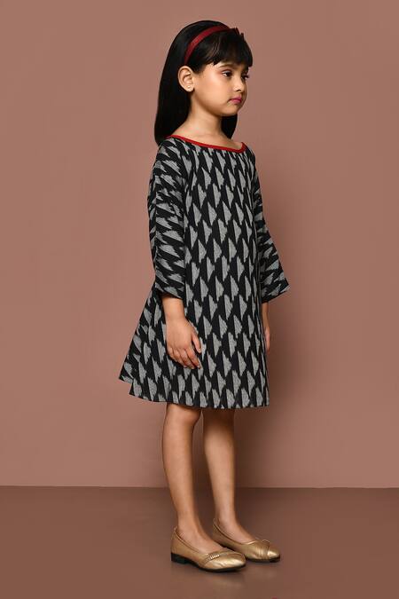 Shop_Petite Pomme_Black Cotton Ikat Hand Block Print Dress_Online_at_Aza_Fashions