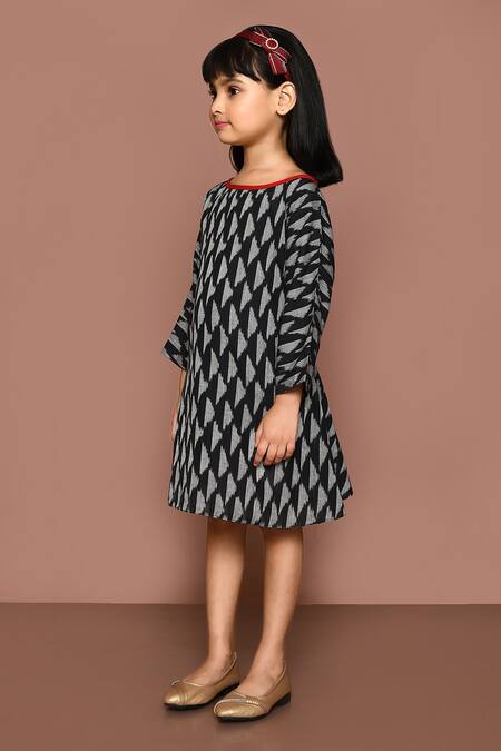 Petite Pomme_Black Cotton Ikat Hand Block Print Dress_at_Aza_Fashions