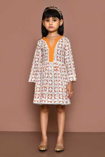 Banana Bee_White Cotton Hand Block Printed Dragonfly Dress_Online_at_Aza_Fashions