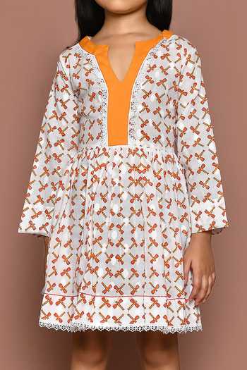 Banana Bee_White Cotton Hand Block Printed Dragonfly Dress_at_Aza_Fashions