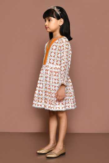 Shop_Banana Bee_White Cotton Hand Block Printed Dragonfly Dress_Online_at_Aza_Fashions
