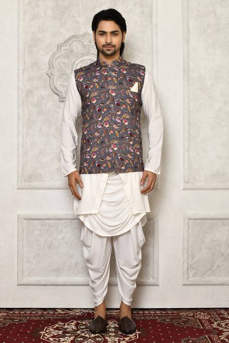 Buy_Nayantara Couture_Gray Silk, Cotton Embroidery Floral Print Bundi Kurta Set _Online_at_Aza_Fashions