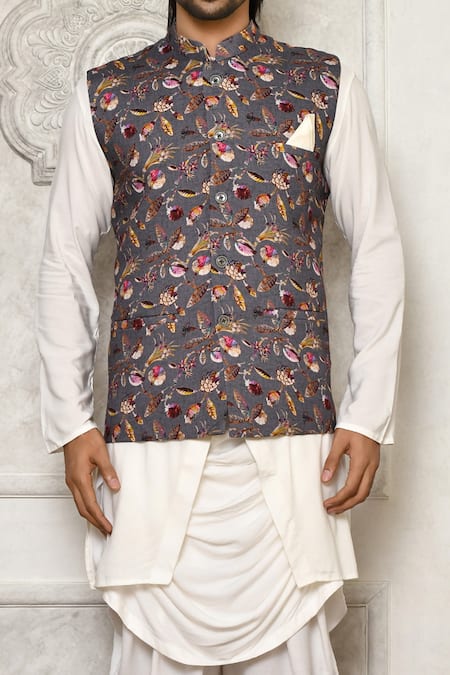 Nayantara Couture_Gray Silk, Cotton Embroidery Floral Print Bundi Kurta Set _at_Aza_Fashions