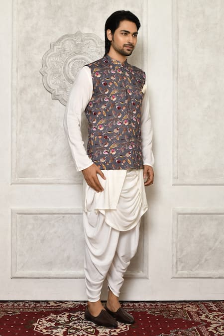 Shop_Nayantara Couture_Gray Silk, Cotton Embroidery Floral Print Bundi Kurta Set _Online_at_Aza_Fashions