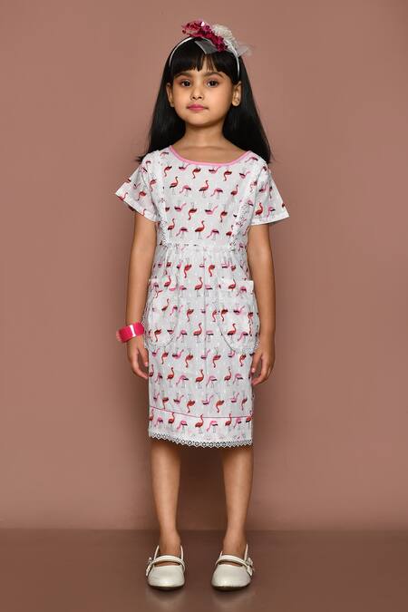 Buy_Banana Bee_White Cotton Hand Block Printed Flamingo Dress_Online_at_Aza_Fashions