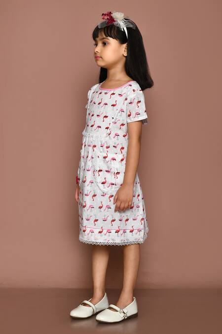 Shop_Banana Bee_White Cotton Hand Block Printed Flamingo Dress_Online_at_Aza_Fashions