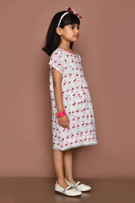 Banana Bee_White Cotton Hand Block Printed Flamingo Dress_at_Aza_Fashions