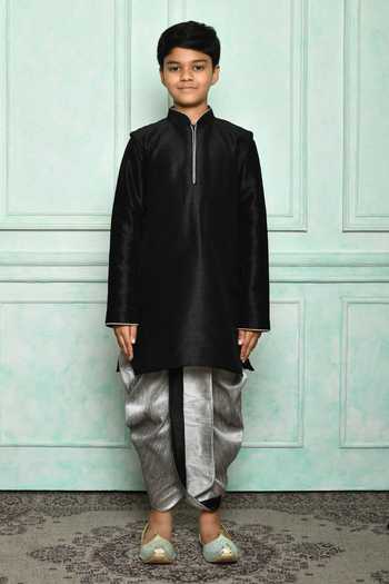 Buy_Petite Pomme_Gray Silk Grey Bundi And Black Kurta Dhoti Set_Online_at_Aza_Fashions
