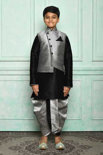 Petite Pomme_Gray Silk Grey Bundi And Black Kurta Dhoti Set_at_Aza_Fashions