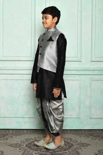 Buy_Petite Pomme_Gray Silk Grey Bundi And Black Kurta Dhoti Set