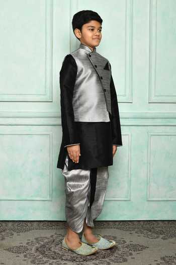 Shop_Petite Pomme_Gray Silk Grey Bundi And Black Kurta Dhoti Set