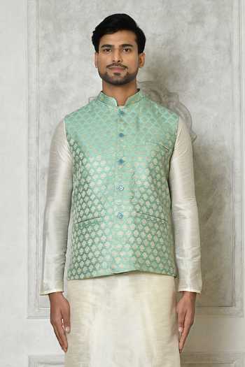 Shop_Samyukta Singhania_Green Silk, Jacquard Embroidery Floral Pattern Bundi And Kurta Set_Online_at_Aza_Fashions