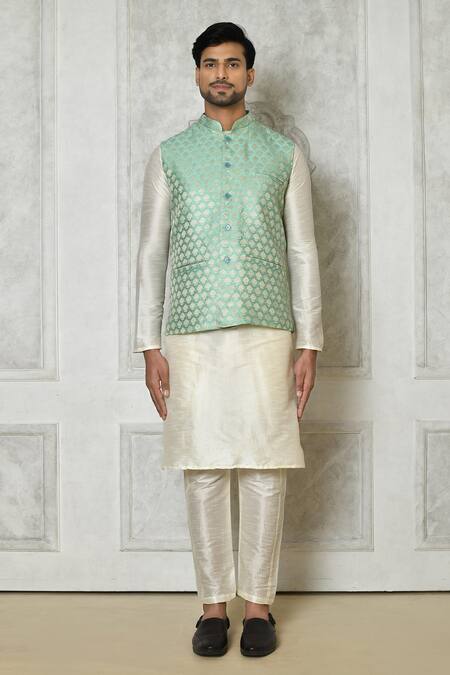 Samyukta Singhania_Green Jacquard, Silk Woven Floral Motif Bundi_Online_at_Aza_Fashions