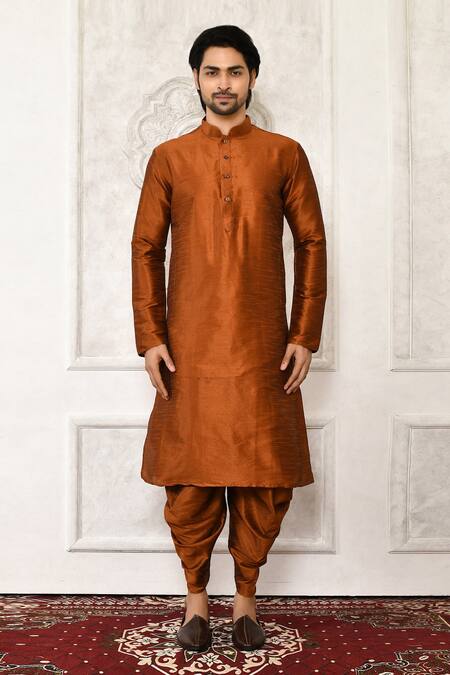 Buy_Arihant Rai Sinha_Brown Dupion Silk Plain Mandarin Collar Kurta Set_Online_at_Aza_Fashions