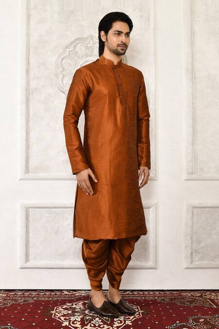 Shop_Arihant Rai Sinha_Brown Dupion Silk Plain Mandarin Collar Kurta Set_Online_at_Aza_Fashions