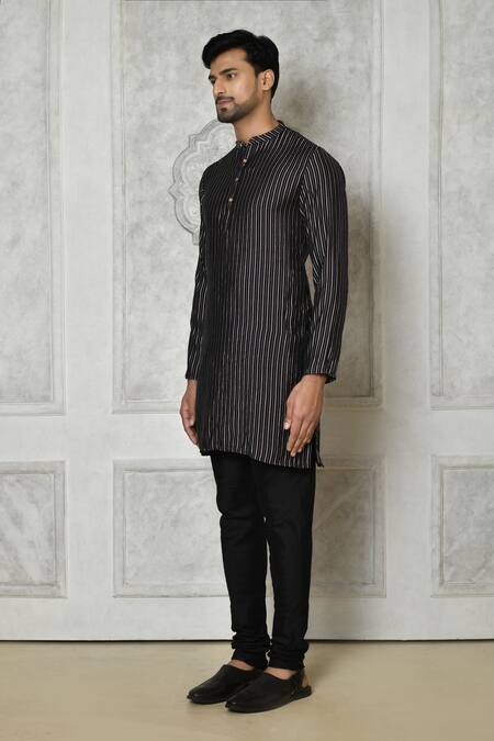 Samyukta Singhania Black Cotton Silk Printed Linear Short Kurta Online at Aza Fashions Samyukta Singhania_Black Cotton Silk Printed Linear Short Kurta_Online_at_Aza_Fashions
