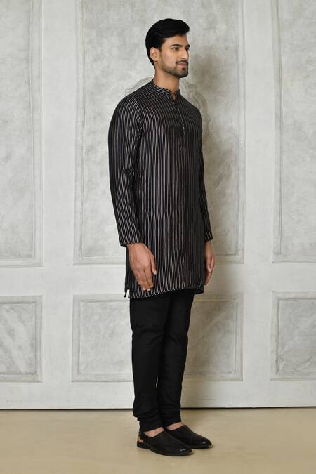 Shop Samyukta Singhania Black Cotton Silk Printed Linear Short Kurta Online at Aza Fashions Shop_Samyukta Singhania_Black Cotton Silk Printed Linear Short Kurta_Online_at_Aza_Fashions