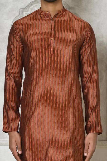 Buy_Samyukta Singhania_Brown Cotton Silk Printed Striped Kurta Set_Online_at_Aza_Fashions