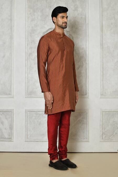 Samyukta Singhania_Brown Cotton Silk Printed Striped Kurta Set_at_Aza_Fashions