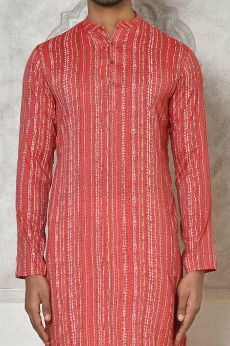 Buy_Samyukta Singhania_Coral Cotton Silk Printed Geometric Pattern Kurta Set_Online_at_Aza_Fashions