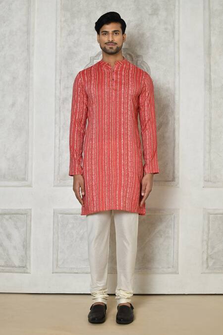 Shop_Samyukta Singhania_Coral Cotton Silk Printed Geometric Pattern Kurta Set_Online_at_Aza_Fashions