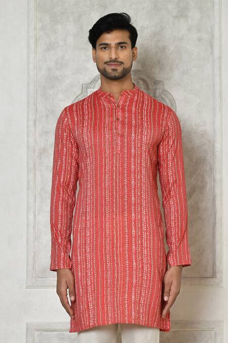 Samyukta Singhania_Coral Cotton Silk Printed Abstract Stripe Kurta_at_Aza_Fashions