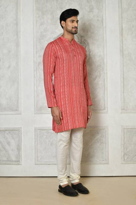 Shop_Samyukta Singhania_Coral Cotton Silk Printed Abstract Stripe Kurta_Online_at_Aza_Fashions