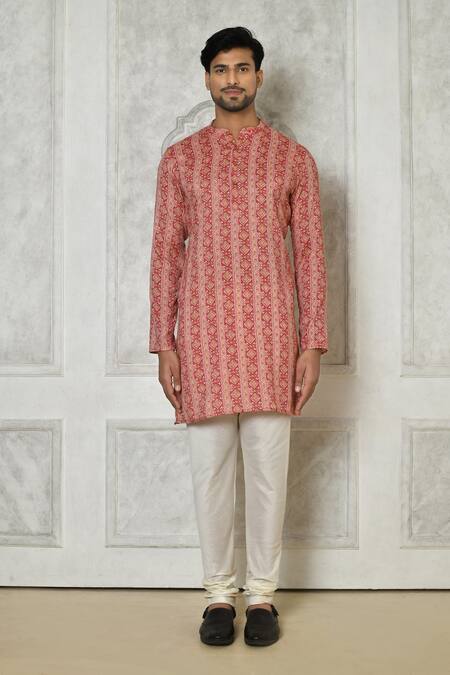 Samyukta Singhania_Pink Cotton Silk Printed Geometric Stripe Short Kurta_Online_at_Aza_Fashions