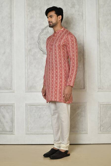 Buy_Samyukta Singhania_Pink Cotton Silk Printed Geometric Stripe Short Kurta_Online_at_Aza_Fashions