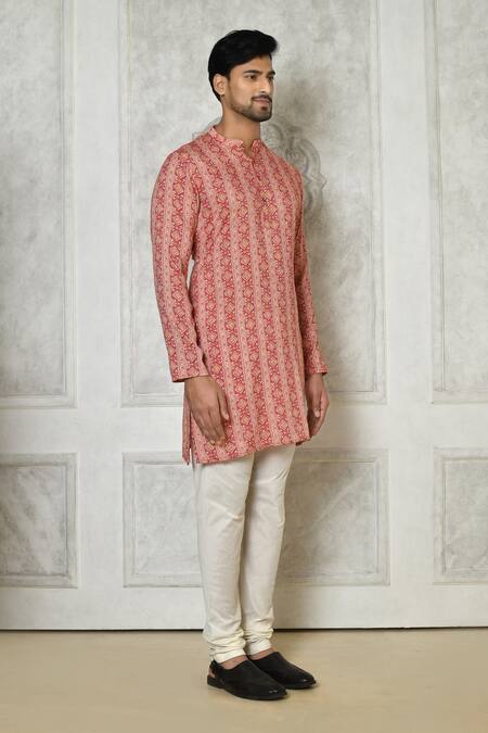 Shop_Samyukta Singhania_Pink Cotton Silk Printed Geometric Stripe Short Kurta_Online_at_Aza_Fashions