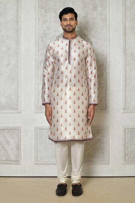 Shop_Samyukta Singhania_White Cotton Silk Printed Flower Kurta Set_Online_at_Aza_Fashions